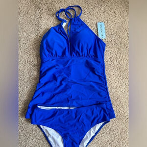 Blue Halter V-Neck Tankini Set Yonique Small NWT